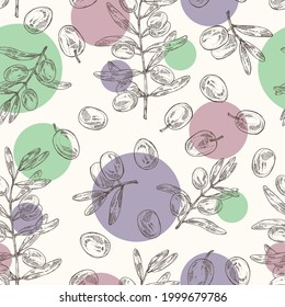 Seamless pattern with olive: olives and olive branch. Vector hand drawn illustration.