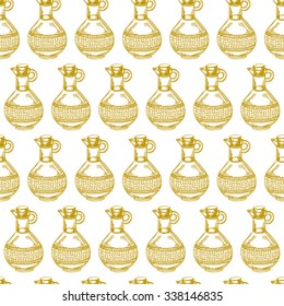 Seamless pattern Olive or Sunflower Oil Glass Bottles Isolated on White Background