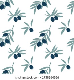 Seamless pattern of olive tree branches with green leaf and fruit olives isolated on white background. Vector flat illustration. Design for textile, wallpaper, wrapping, backdrop