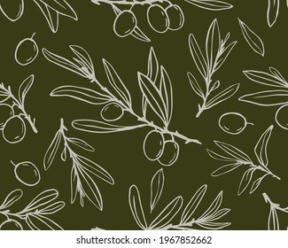 seamless pattern with olive tree branches, foliage and olives, decorative background with plant elements, berries, stylized vector graphics