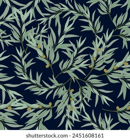 Seamless pattern of olive tree branches on a dark background