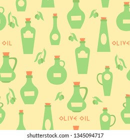 Seamless pattern olive tree fruits and bottles of olive oil.