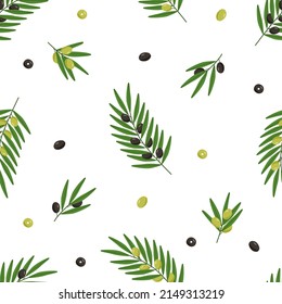 Seamless pattern of olive tree twigs and leaves and olive berries. Vector illustration, background or wallpaper