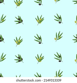 Patrón sin foco de ramas y hojas de olivo y bayas de olivo. Ilustración vectorial, fondo o fondo de pantalla