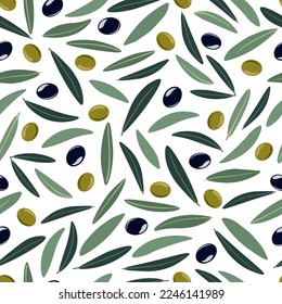 Seamless pattern with olives. Black and green olives with leaves. Flat style vector illustration.