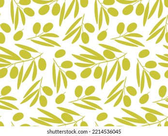 Seamless pattern with olives Branch. Berry and leaves on branch. Repeated Flat vector illustration with fruits for natural organic cosmetics, soap, oil, wallpaper, textile, wrapping, scrapbooking