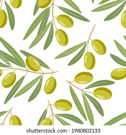 Seamless pattern with olives Branch and leaves. Berry on green branch. illustration with olive fruits and branche in Flat design for natural organic cosmetics, soap, oil, wallpaper, textile, wrapping