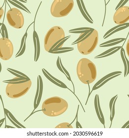 Seamless pattern of olives branch with leaves. Flat illustration.