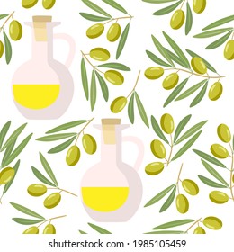 Seamless pattern with olives Branch and oil bottle. Berry, green leaves with yellow liquid vessel. Flat design for natural organic cosmetic, soap, oil. For wallpaper, textile, wrapping, scrapbooking