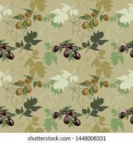 Seamless pattern with olives. A branch of ripe olive. Wallpaper, wrapping paper, print, banner, poster. Vector illustration.