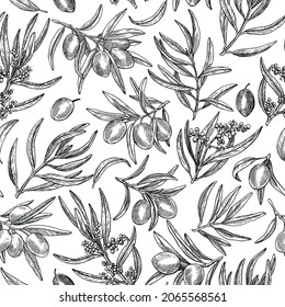 Seamless pattern Olives branches. Hand drawn sketch. Engraved elements. For design olive oil, cosmetics, package, textile