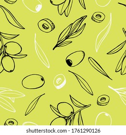 seamless pattern with olives, branches and leaves for cosmetics,organic products and packaging design.healthy lifestyle, organic