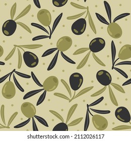 Patrón inquebrantable con aceitunas, ramas y hojas para emblemas y botellas, cosméticos, productos orgánicos y envasado. Estilo de vida saludable, orgánico. Ilustración del vector