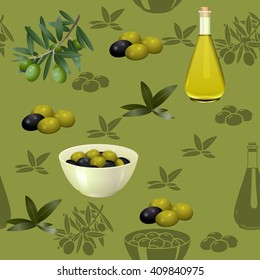 seamless pattern with olives and branches on a green background