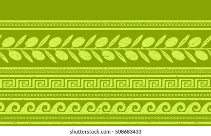 Seamless pattern with olives and greek symbols. Geometric background