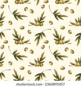 Seamless pattern with Olives with green branch. Cooking, Organic food, Healthy eating, Italian cuisine concept. Vector illustration