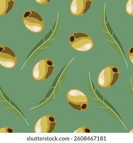 Seamless pattern of olives with green leaves isolated on green background. Vector flat illustration. Design for textile, wallpaper, wrapping, background