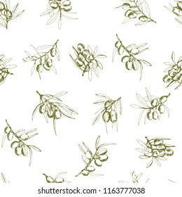 seamless pattern olives, hand-drawn olive fruits and branches