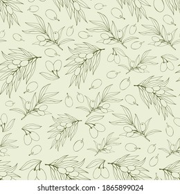 Seamless pattern olives, hand-drawn olive fruits and branches. Set of olive branch illustrations. Design elements for poster, label, emblem, sign, banner. Vector illustration.