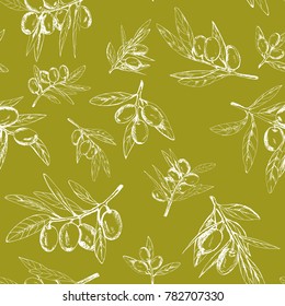 seamless pattern olives, hand-drawn olive fruits and branches