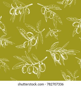 seamless pattern olives, hand-drawn olive fruits and branches