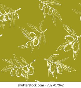 seamless pattern olives, hand-drawn olive fruits and branches