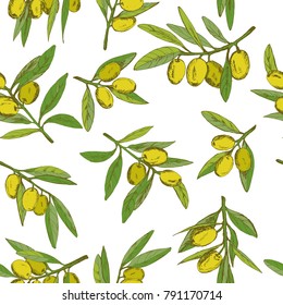 seamless pattern olives, hand-drawn olive fruits and branches