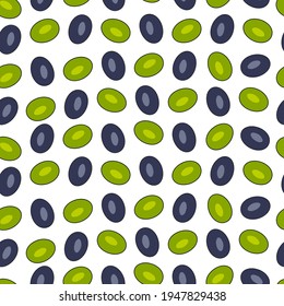 Seamless pattern with olives isolated on white - ornament with stone fruits - background with green and blue ovals