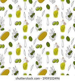
seamless pattern with olives, leaves, and kitchen utensils. print for design of fabric, textile, wrapping paper, business cards, banners
