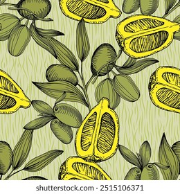 Seamless Pattern with Olives and lemons. Color sketch style hand drawn background. Detailed illustration, hand drawn. Great for fabric and textile, prints, invitation, packaging, or any desired idea.