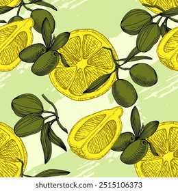 Patrón sin fisuras con aceitunas y limones. Estilo de boceto de color dibujado a mano de fondo. Ilustración detallada, dibujado a mano. Ideal para tela y textiles, estampados, invitación, embalaje o cualquier idea deseada.
