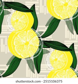 Seamless Pattern with Olives and lemons. Color sketch style hand drawn background. Detailed illustration, hand drawn. Great for fabric and textile, prints, invitation, packaging, or any desired idea.