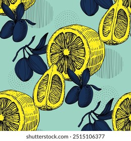 Patrón sin fisuras con aceitunas y limones. Estilo de boceto de color dibujado a mano de fondo. Ilustración detallada, dibujado a mano. Ideal para tela y textiles, estampados, invitación, embalaje o cualquier idea deseada.
