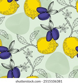 Seamless Pattern with Olives and lemons. Color sketch style hand drawn background. Detailed illustration, hand drawn. Great for fabric and textile, prints, invitation, packaging, or any desired idea.