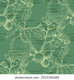Patrón sin fisuras con aceitunas y limones. Estilo de boceto de color dibujado a mano de fondo. Ilustración detallada, dibujado a mano. Ideal para tela y textiles, estampados, invitación, embalaje o cualquier idea deseada.