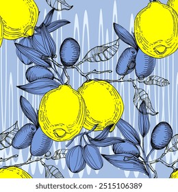 Patrón sin fisuras con aceitunas y limones. Estilo de boceto de color dibujado a mano de fondo. Ilustración detallada, dibujado a mano. Ideal para tela y textiles, estampados, invitación, embalaje o cualquier idea deseada.