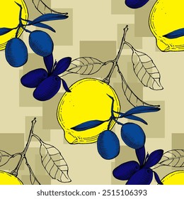 Patrón sin fisuras con aceitunas y limones. Estilo de boceto de color dibujado a mano de fondo. Ilustración detallada, dibujado a mano. Ideal para tela y textiles, estampados, invitación, embalaje o cualquier idea deseada.