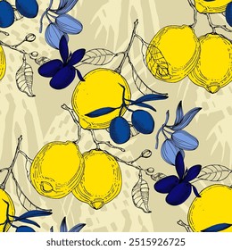 Seamless Pattern with Olives and lemons. Color sketch style hand drawn background. Detailed illustration, hand drawn. Great for fabric and textile, prints, invitation, packaging, or any desired idea.