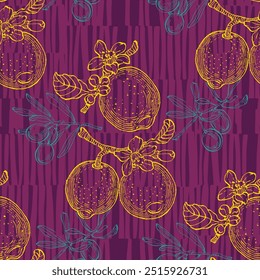 Seamless Pattern with Olives and lemons. Color sketch style hand drawn background. Detailed illustration, hand drawn. Great for fabric and textile, prints, invitation, packaging, or any desired idea.