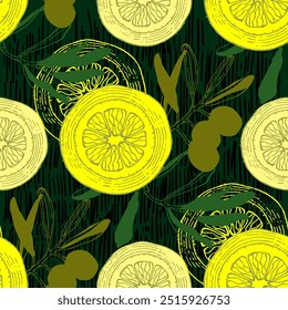 Patrón sin fisuras con aceitunas y limones. Estilo de boceto de color dibujado a mano de fondo. Ilustración detallada, dibujado a mano. Ideal para tela y textiles, estampados, invitación, embalaje o cualquier idea deseada.