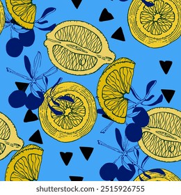 Seamless Pattern with Olives and lemons. Color sketch style hand drawn background. Detailed illustration, hand drawn. Great for fabric and textile, prints, invitation, packaging, or any desired idea.