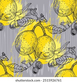 Seamless Pattern with Olives and lemons. Color sketch style hand drawn background. Detailed illustration, hand drawn. Great for fabric and textile, prints, invitation, packaging, or any desired idea.