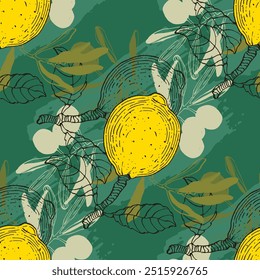 Nahtloses Muster mit Oliven und Zitronen. Farbskizze Stil handgezeichneter Hintergrund. Detaillierte Abbildung, handgezeichnet. Ideal für Stoff und Textilien, Prints, Einladungen, Verpackungen oder jede gewünschte Idee.