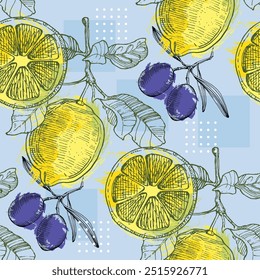 Padrão sem emenda com azeitonas e limões. Fundo desenhado à mão estilo de esboço de cor. Ilustração detalhada, desenhada à mão. Ótimo para tecido e têxtil, impressões, convite, embalagem, ou qualquer ideia desejada.