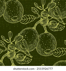 Padrão sem emenda com azeitonas e limões. Fundo desenhado à mão estilo de esboço de cor. Ilustração detalhada, desenhada à mão. Ótimo para tecido e têxtil, impressões, convite, embalagem, ou qualquer ideia desejada.