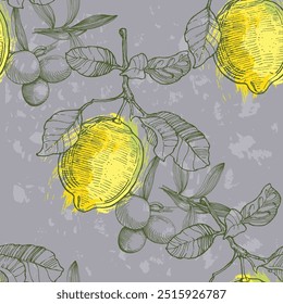 Patrón sin fisuras con aceitunas y limones. Estilo de boceto de color dibujado a mano de fondo. Ilustración detallada, dibujado a mano. Ideal para tela y textiles, estampados, invitación, embalaje o cualquier idea deseada.