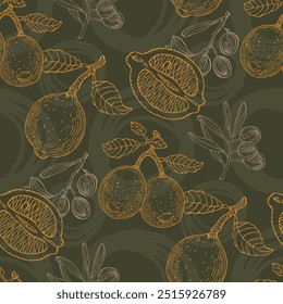 Nahtloses Muster mit Oliven und Zitronen. Farbskizze Stil handgezeichneter Hintergrund. Detaillierte Abbildung, handgezeichnet. Ideal für Stoff und Textilien, Prints, Einladungen, Verpackungen oder jede gewünschte Idee.