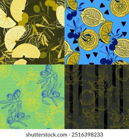 Seamless Pattern with Olives and lemons. Color sketch style hand drawn background. Detailed illustration, hand drawn. Great for fabric and textile, prints, invitation, packaging, or any desired idea.
