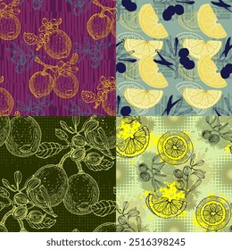 Seamless Pattern with Olives and lemons. Color sketch style hand drawn background. Detailed illustration, hand drawn. Great for fabric and textile, prints, invitation, packaging, or any desired idea.