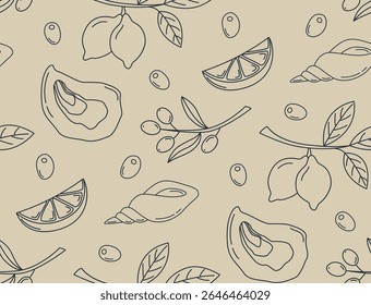 Seamless pattern with olives, lemons, seashells in doodle style. Mediterranean beige background